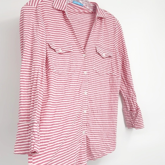 J. McLaughlin Brynn Linen Blend Striped V-neck 3/4 Sleeve Top Pink White small - Picture 6 of 10